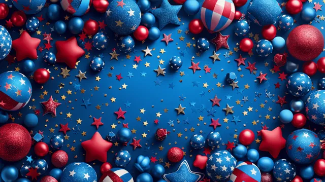 Red, white, and blue stars and glossy spheres fill a blue Independence Day themed background.