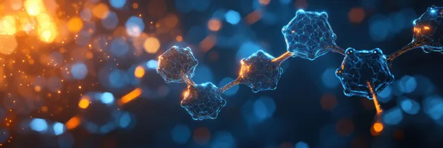 Blue hexagonal molecular shapes connect across a dark background with orange glowing light spots.
