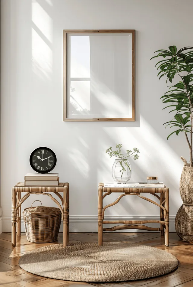 Nordic entry corner with rattan side tables, blank frame, and morning light shadows