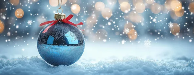 A shiny Christmas bauble ornament hangs over a snowy background with glowing bokeh snowflakes.