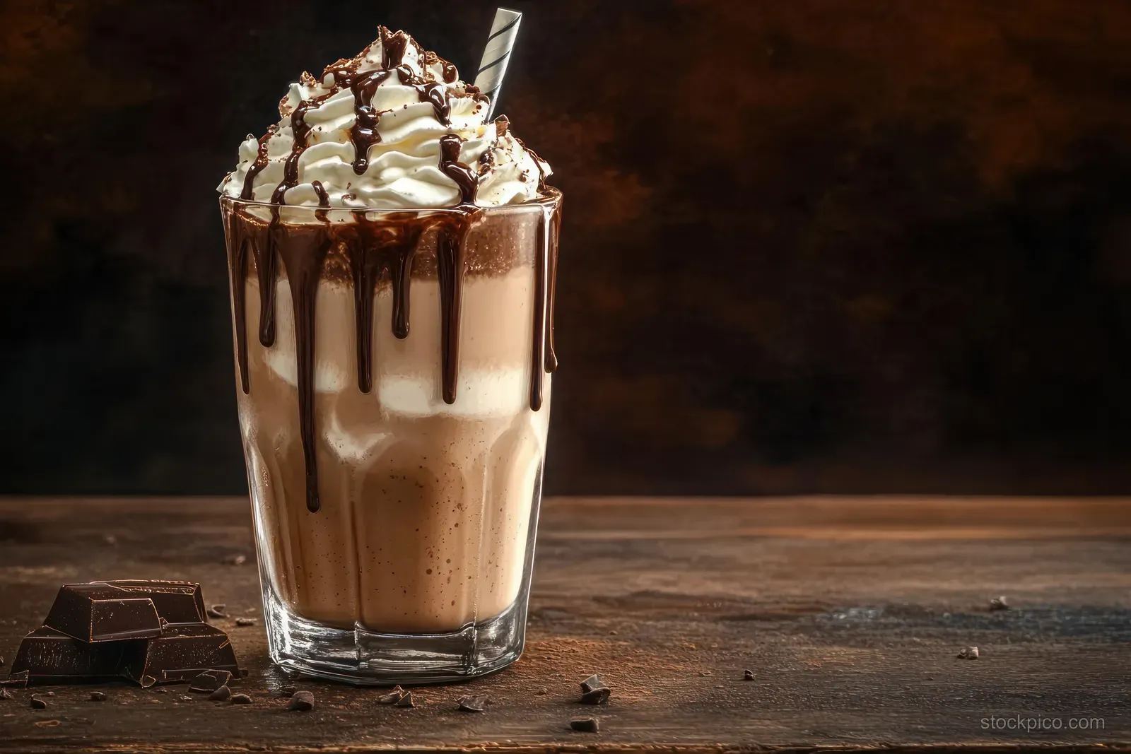 Tall chocolate milkshake with whipped cream and chocolate syrup drizzle in a glass on a wooden table.
