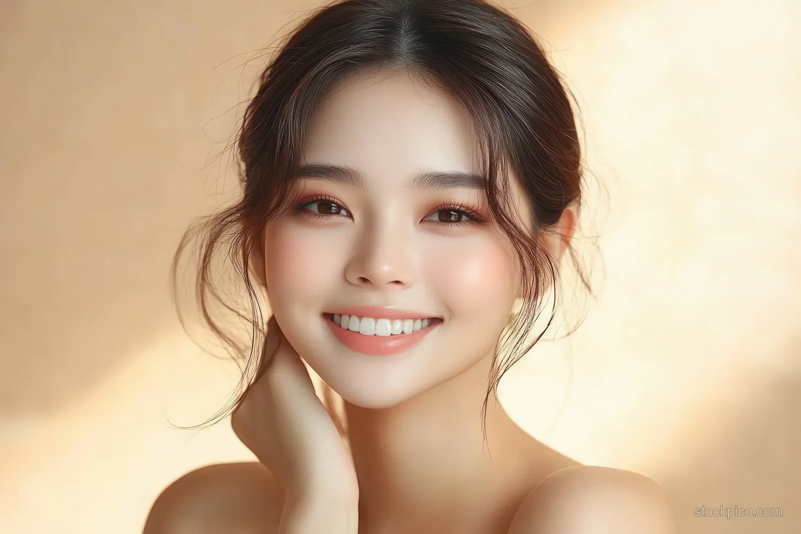 Young woman smiling gently in a close portrait with glowing makeup under soft warm light.