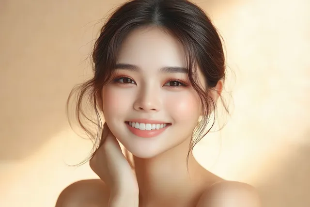 Young woman smiling in close portrait with glowing makeup and soft warm light