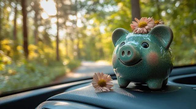 Green piggy bank on a car dashboard with small daisies and sunny trees blurred in the background.