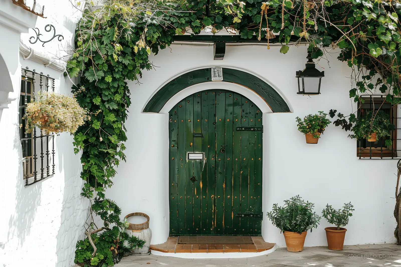 White villa entrance in Menorca with an arched dark green wooden door, vines, and potted plants.