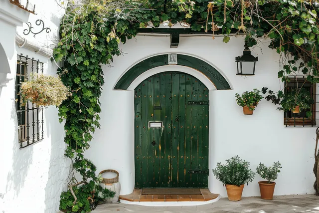 White villa entrance in Menorca with an arched dark green wooden door, vines, and potted plants.