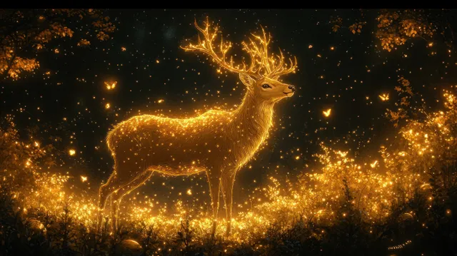 A radiant golden deer stands in a mystical art nouveau forest, surrounded by glowing sparkles and elegant decorative details.