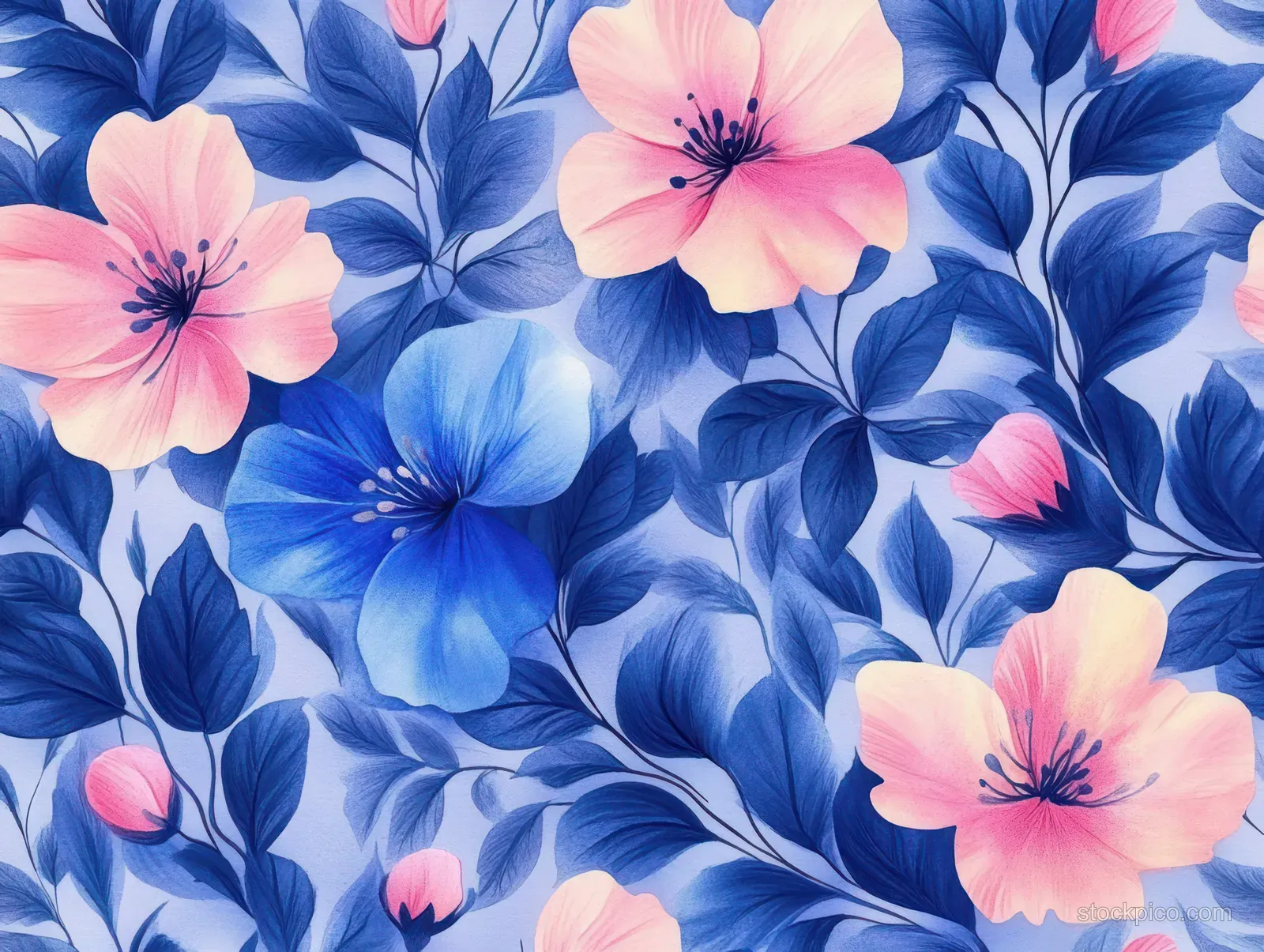 Seamless pattern of pink and blue flowers with overlapping blue leaves forming a tiled botanical background.
