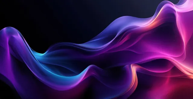 Iridescent purple and teal light waves swirling across a dark black abstract background