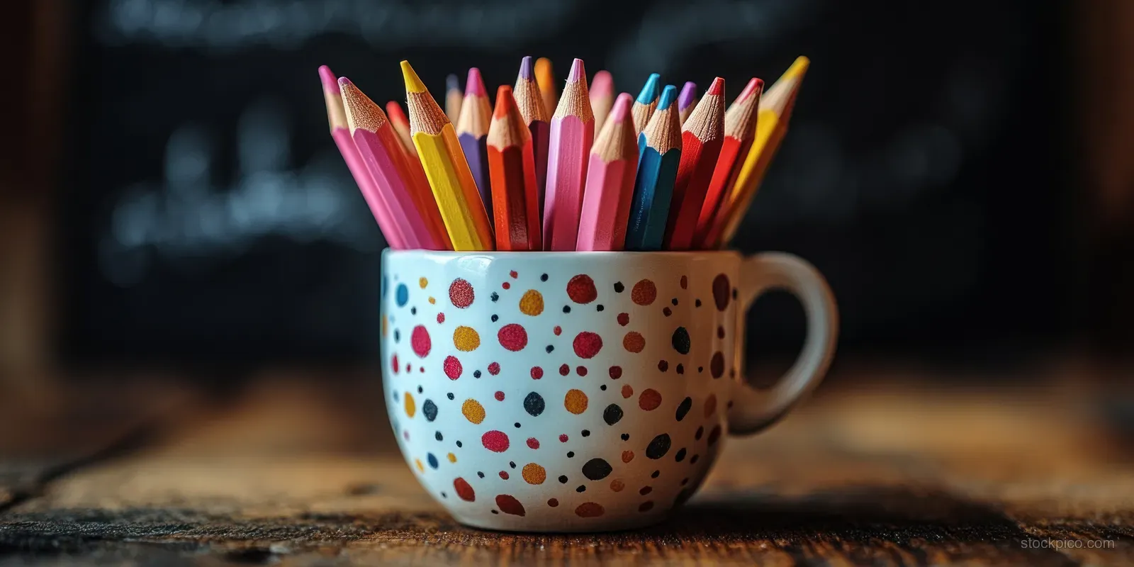 Colorful pencils are arranged in a white speckled cup on a wooden desk with a blurred chalkboard behind.