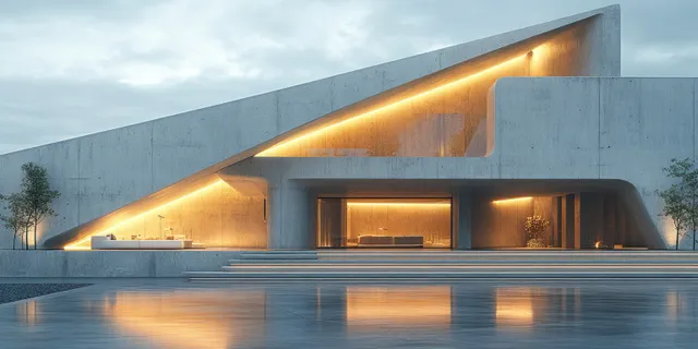 Empty minimalist concrete room with stepped ceiling and glowing recessed wall lights reflecting on smooth floor.