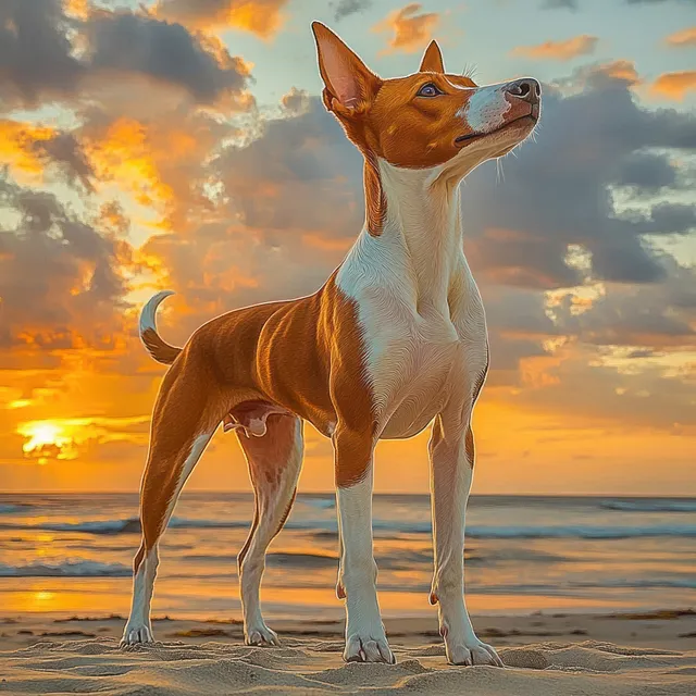 Brown and white dog stands on a sandy beach at sunset as ocean waves roll in behind it.