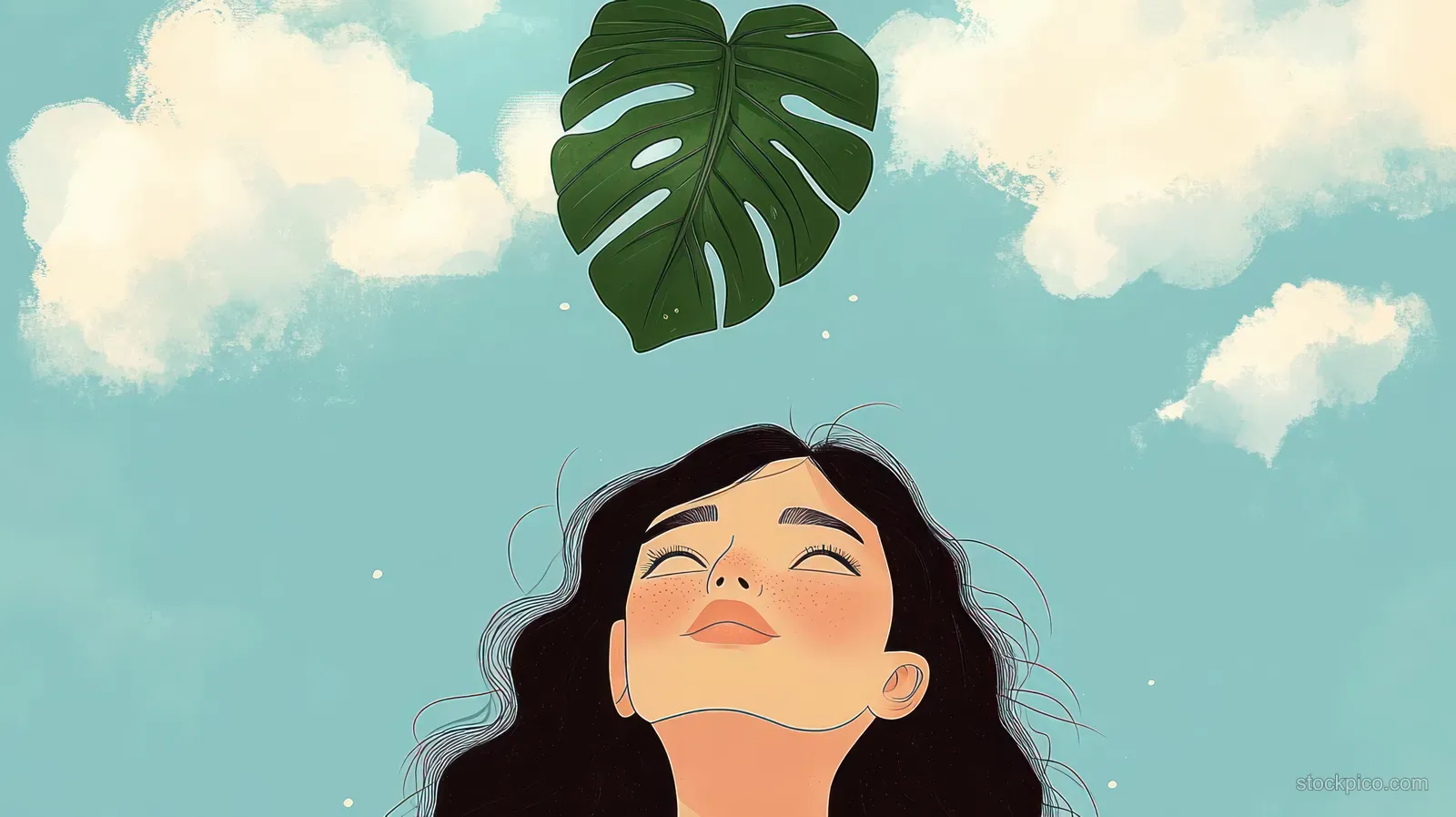A calm woman with closed eyes touches a large green leaf against a blue sky with fluffy clouds.