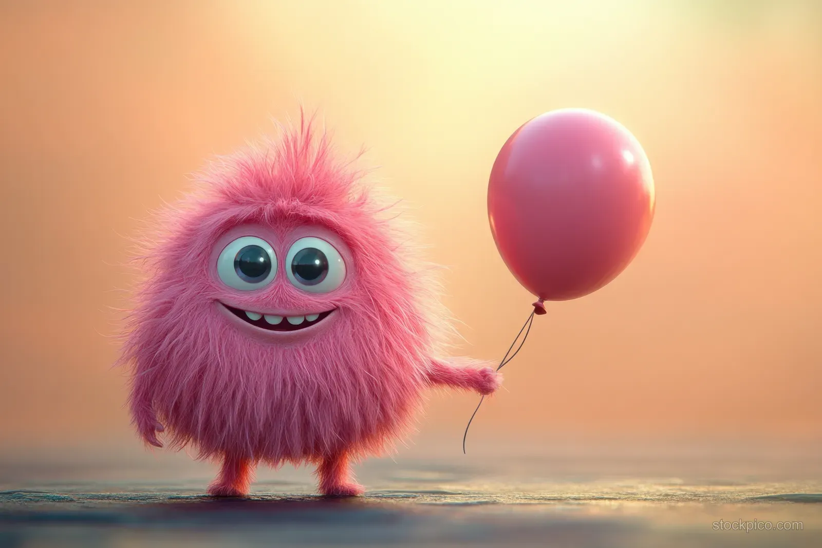 A fluffy pink cartoon monster holds a red balloon against a warm orange gradient background.