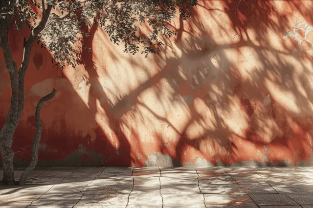 Tree branches cast dappled shadows across a terracotta wall onto a cracked concrete pavement.