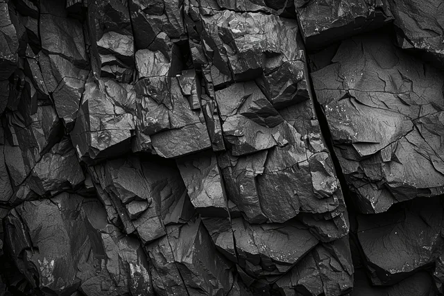 Cracked black-and-gray granite rock wall with fractured blocks and jagged collapse texture