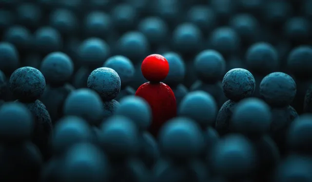 Red figure standing out among teal crowd, leadership concept with dramatic shadows