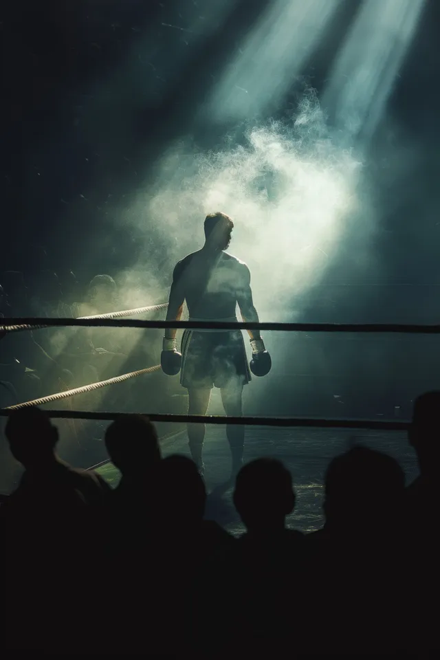 A heavyweight boxer stands in a boxing ring under bright light beams as the crowd appears as dark silhouettes.