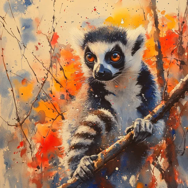 Whimsical ring-tailed lemur watercolor illustration perched on a splashed tree branch