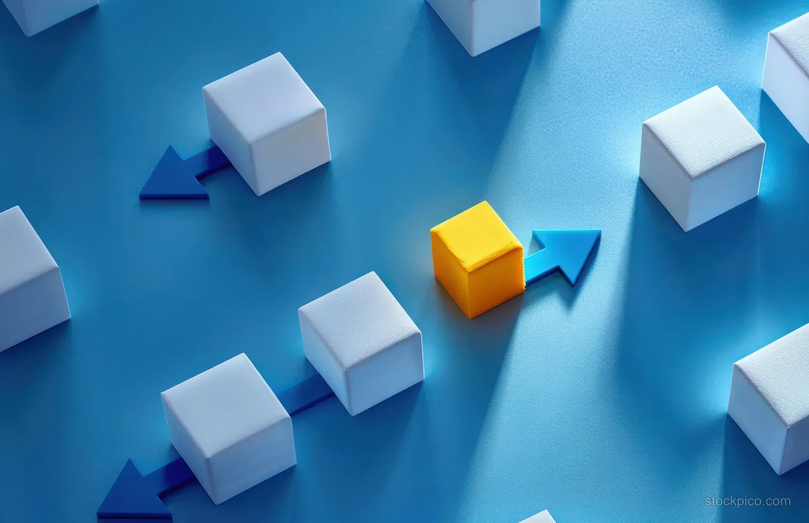 A yellow cube moves forward on a blue surface surrounded by white cubes and blue directional arrows.