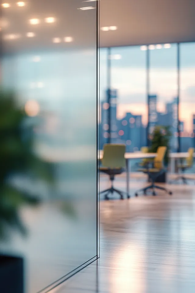 Warm-lit modern office hallway with a glass partition, blurred swivel chairs, and a sunset city skyline through windows.
