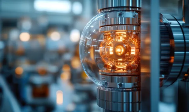 A transparent spherical lab device contains a glowing orange core amid metallic rings and blurred laboratory equipment.