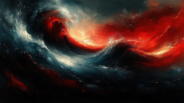 Abstract American flag painting with flowing red and blue waves, star-like marks, and distressed dark texture.