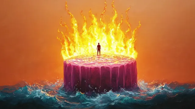 A lone silhouette stands on a flaming cake in the ocean with turbulent waves beneath an orange sky.