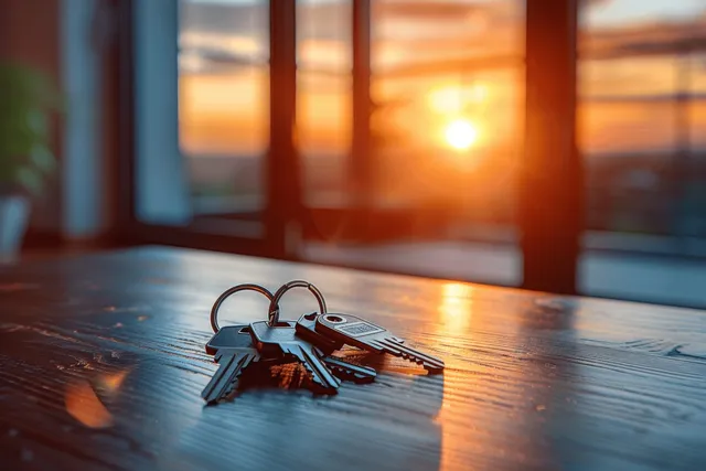 House keys lie on a wooden table in a modern apartment as sunset light glows through the windows.