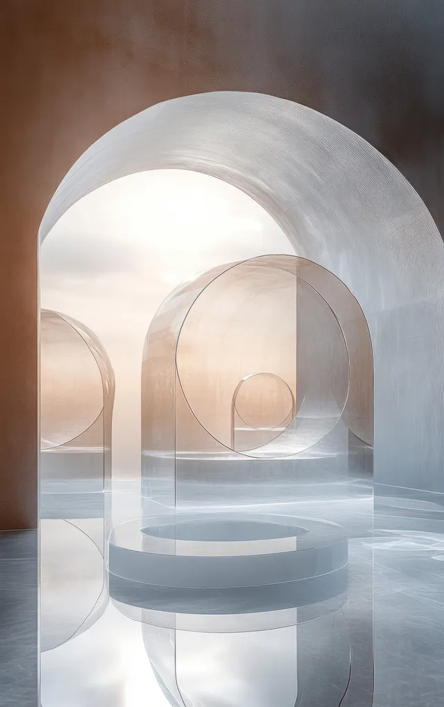 Transparent circular pillars and a platform in a minimal room with soft glowing light and glossy reflections.