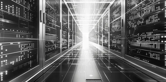 Futuristic data center corridor with server racks, glowing fiber lines, and blueprint-style grid