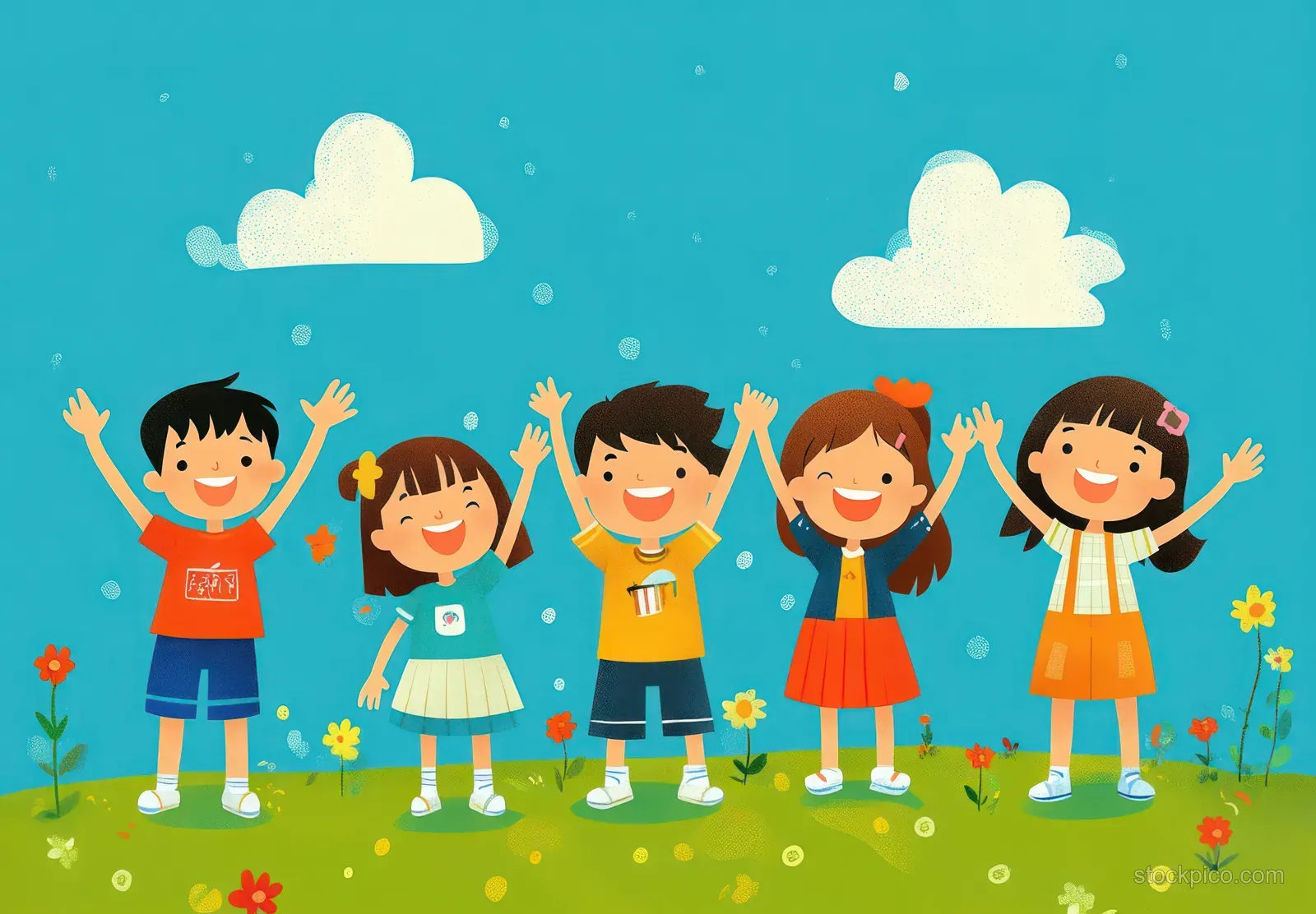 Cartoon children wave and stretch outdoors in a sunny park under blue sky with clouds and flowers.