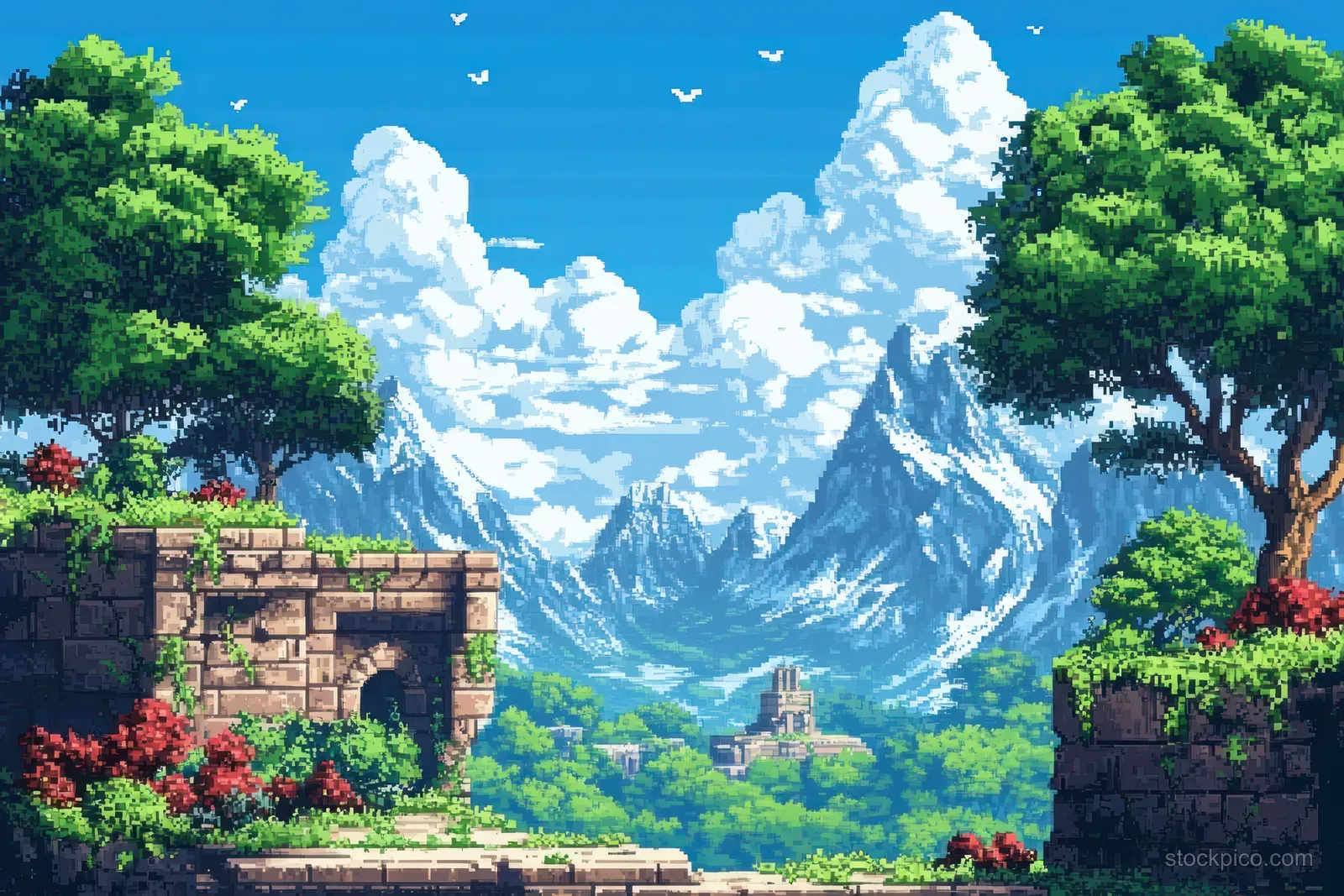 Pixel art scene of ancient stone ruins with red flowers, lush trees, birds in a blue sky, and distant snow-capped mountains.