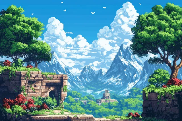 Pixel art ancient stone ruins overgrown with greenery, red flowers, and distant snow mountains