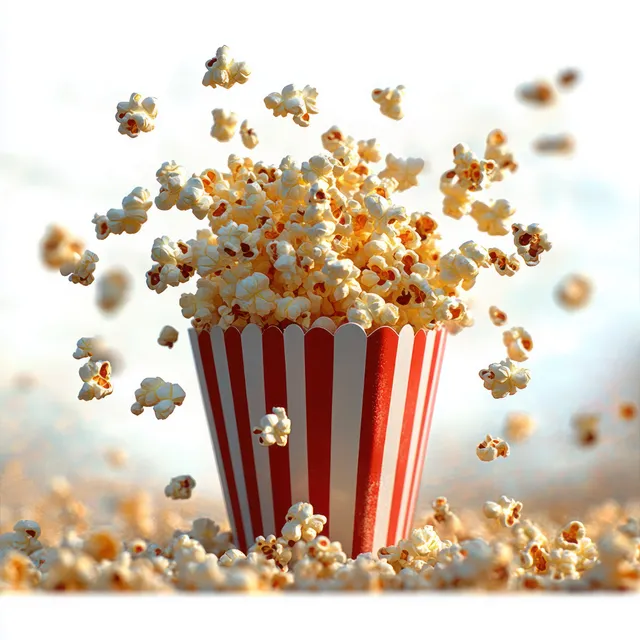 Popcorn spills from a red and white striped container as kernels fly through a softly blurred light background.