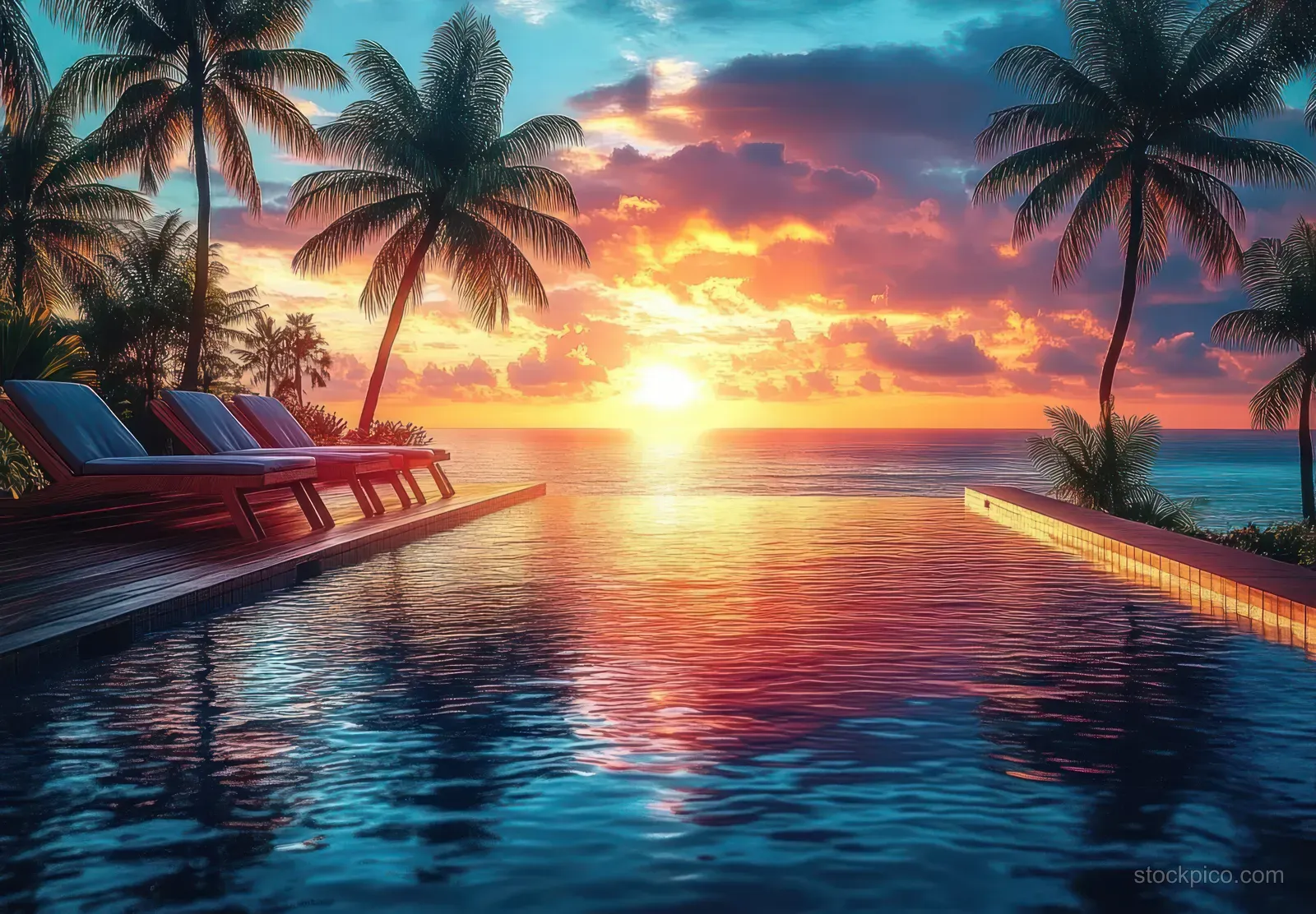 Infinity pool at a beachfront resort with lounge chairs, palm trees, and a vibrant ocean sunset reflection.