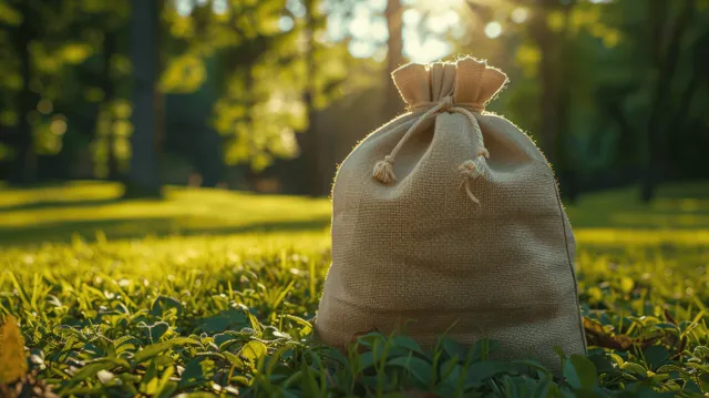 White cotton drawstring pouch on green grass with sunny garden background and soft shadows.