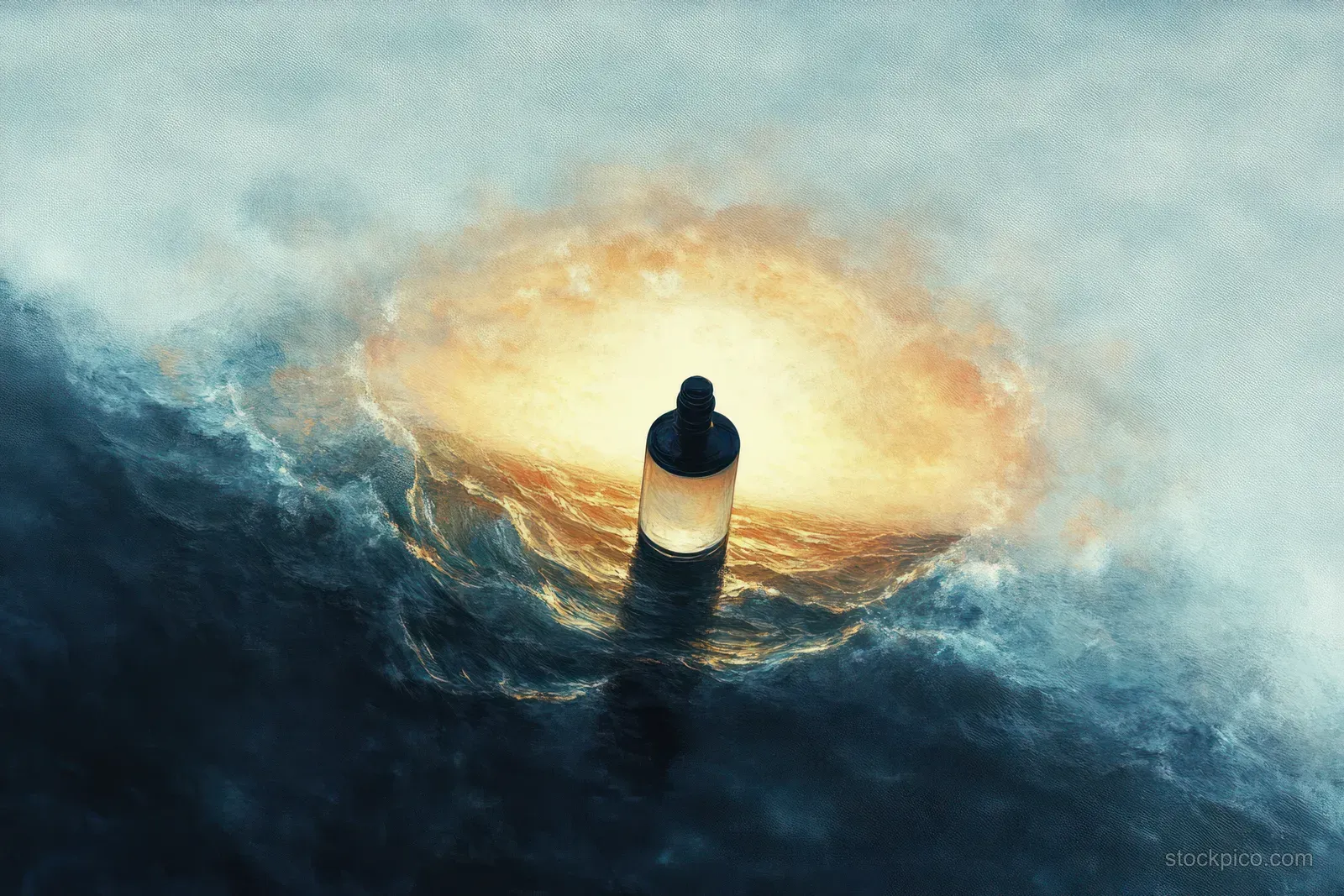 A bottle floats upright in the glowing center of a turbulent ocean swirl, with dark waves framing it.