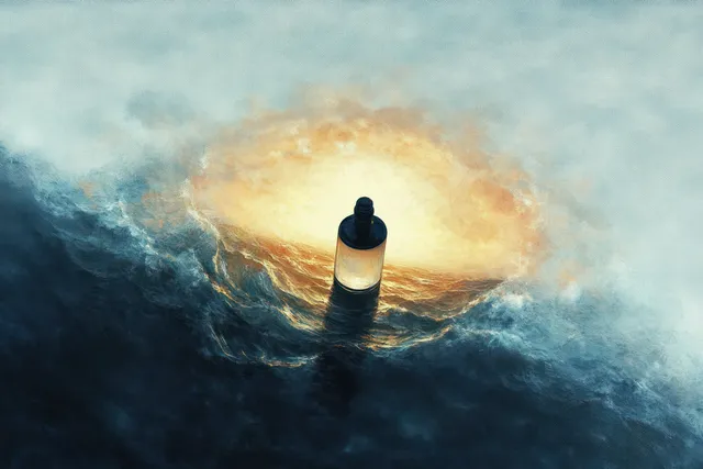 A bottle floats upright in the glowing center of a turbulent ocean swirl, with dark waves framing it.