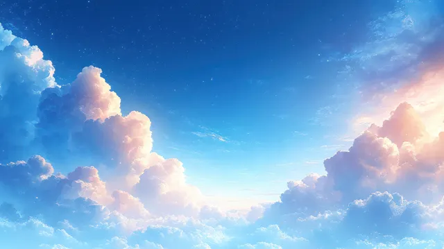 Watercolor sky panorama with billowy white clouds over a blue horizon with warm sunset glow.