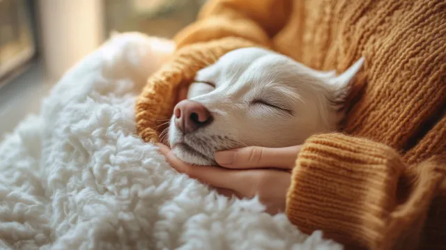 Jack Russell puppy dozing on a plush bed with cozy paw blanket cuddle