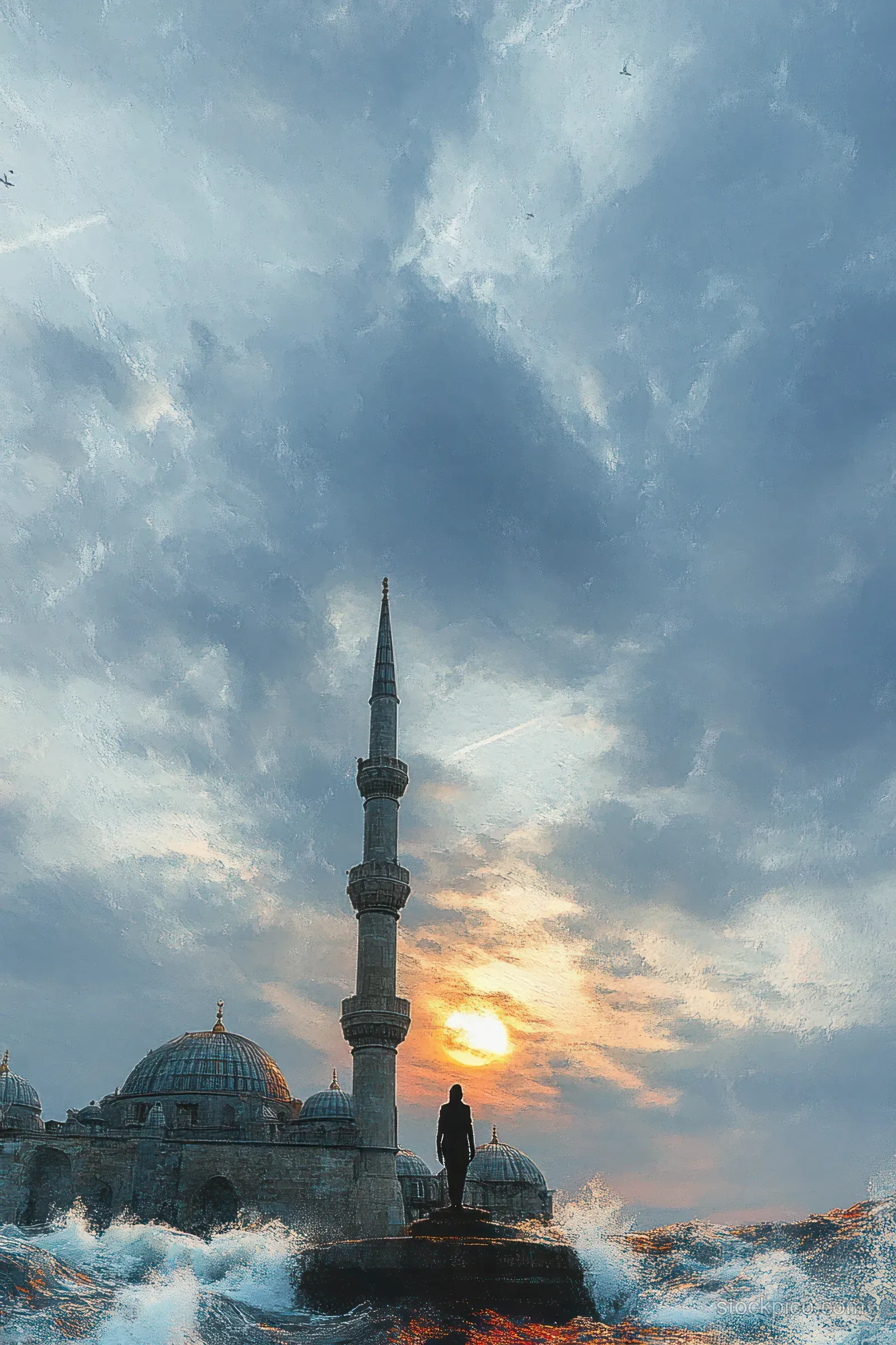 Silhouette on rocky shore with crashing waves and a mosque minaret under cloudy sunset sky.