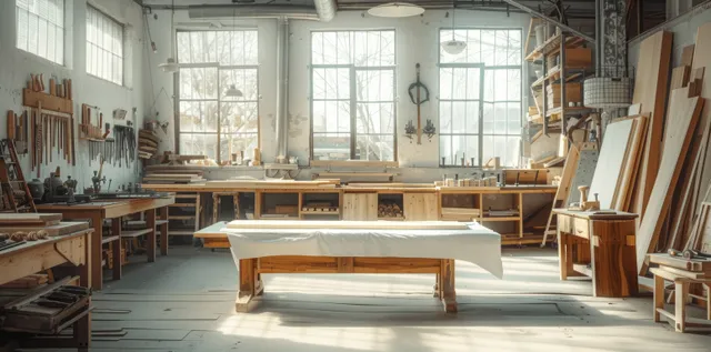Sunlit carpenter workshop featuring a central workbench, hand tools, and stacked wooden planks near large windows.
