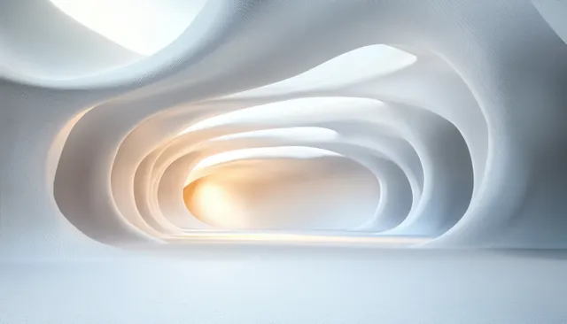 Futuristic interior corridor with soft wave arches and glowing recessed lighting