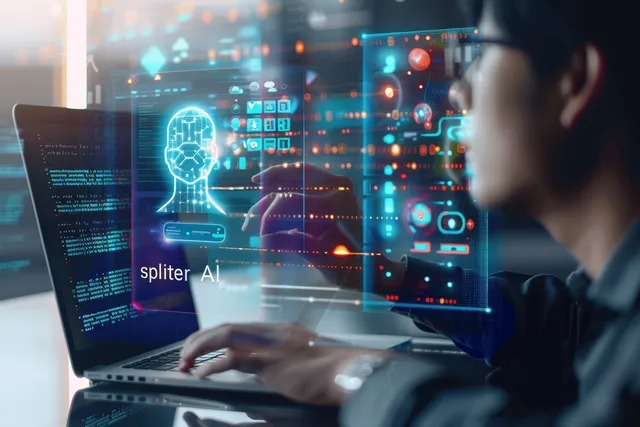 A person typing on a laptop while holographic AI data dashboards and network nodes overlay the screens.