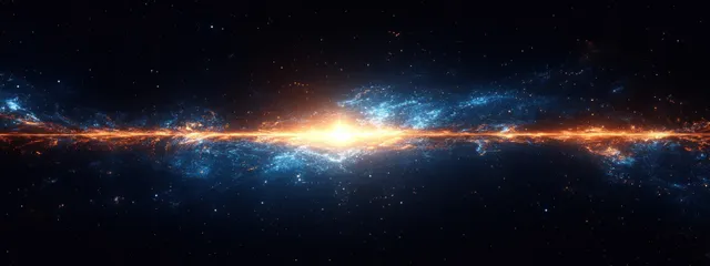 Blue lens flare streaks across a dark space horizon with a glowing starburst and scattered stars.