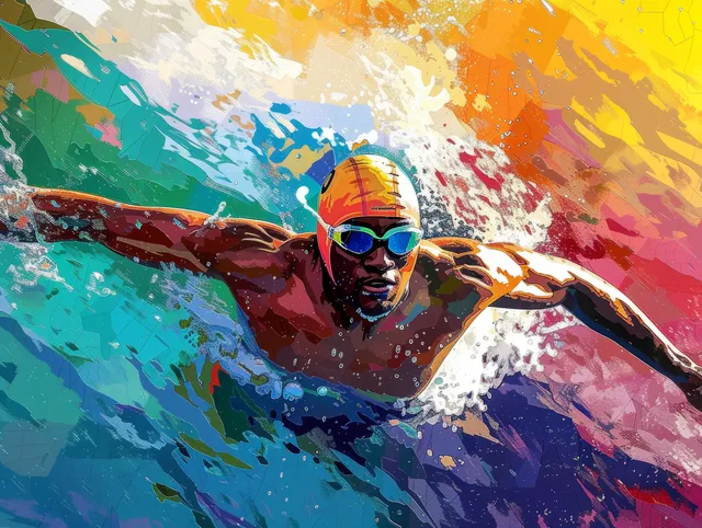 Male swimmer performs butterfly stroke in a pool, with dramatic splashes and bright racing colors.