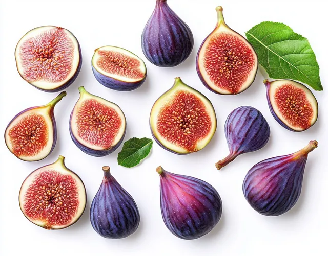 Ripe figs, some whole and some cut open, with green fig leaves arranged on a white background.