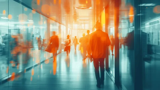 Blurred healthcare corridor with doctors and nurses walking toward bright windows.