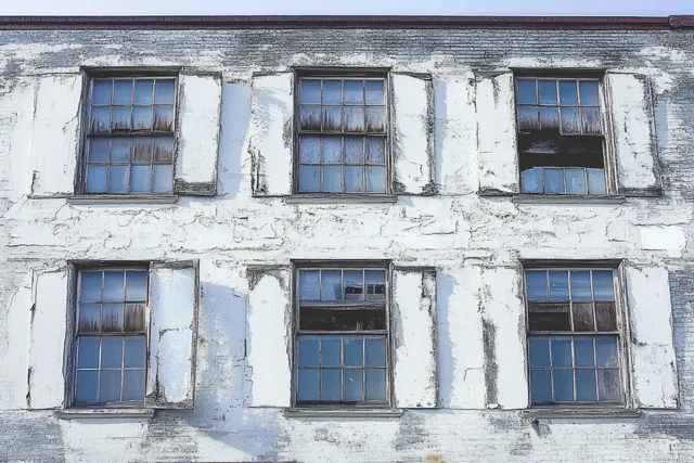 Weathered white brick facade shows six rectangular windows with broken glass and grime under muted daylight.